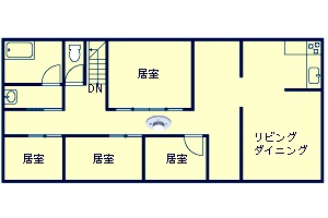 住宅用火災警報器の設置場所(7平方メートル以上の部屋が5室以上ある階の廊下)の説明図